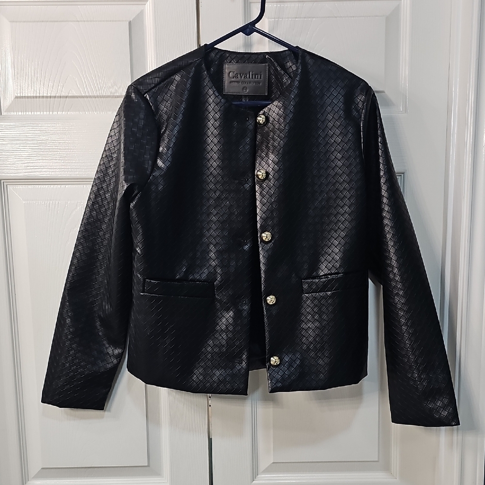 NWT MED Cavalini Black Faux Leather Textured Quilted Patterned Jacket Button